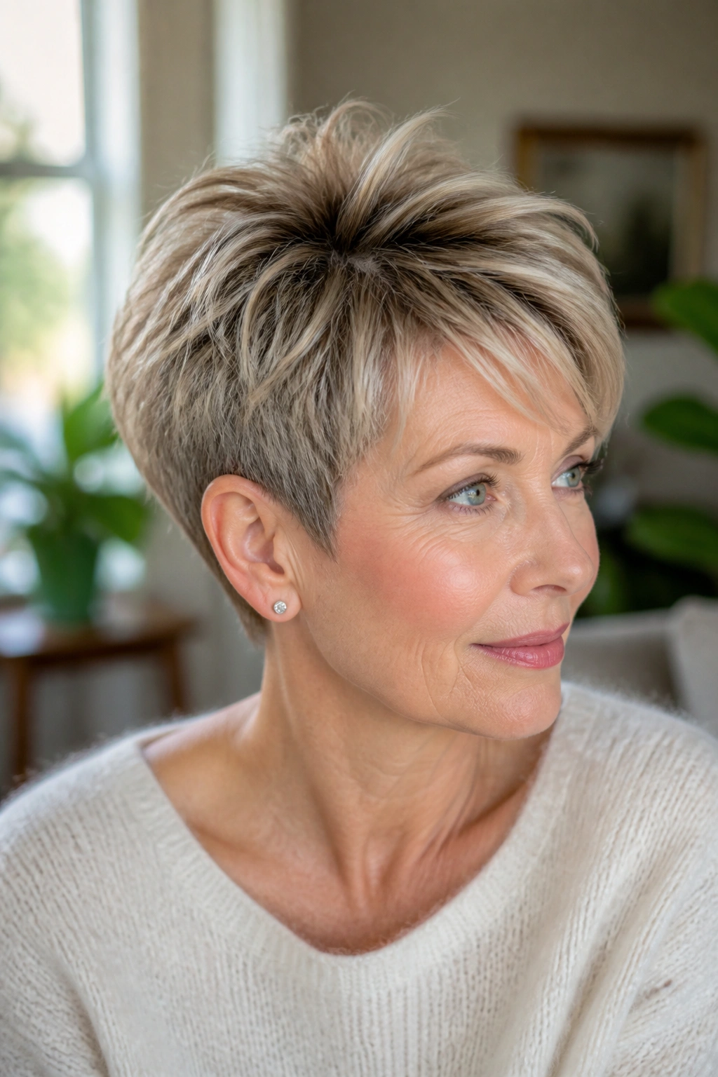 Close-up of a real woman with soft pixie cut and lifted crown on fine hair in natural light