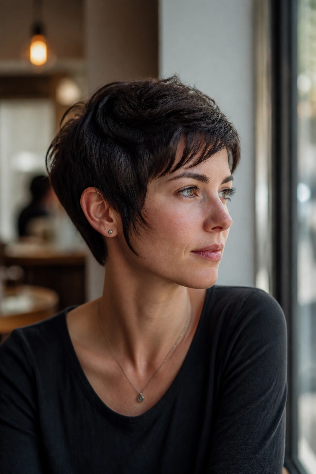 Close-up of a real woman with a soft pixie cut and sideburns