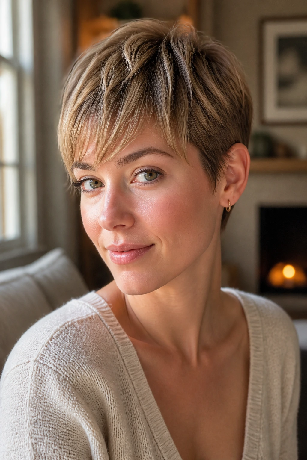 Close-up portrait of a real woman with a soft pixie haircut in warm window light