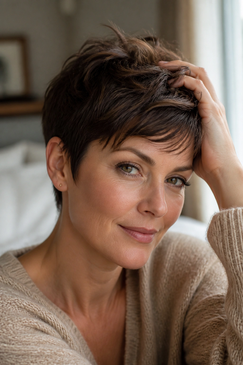 Close-up of a real woman with a soft pixie haircut in warm morning light