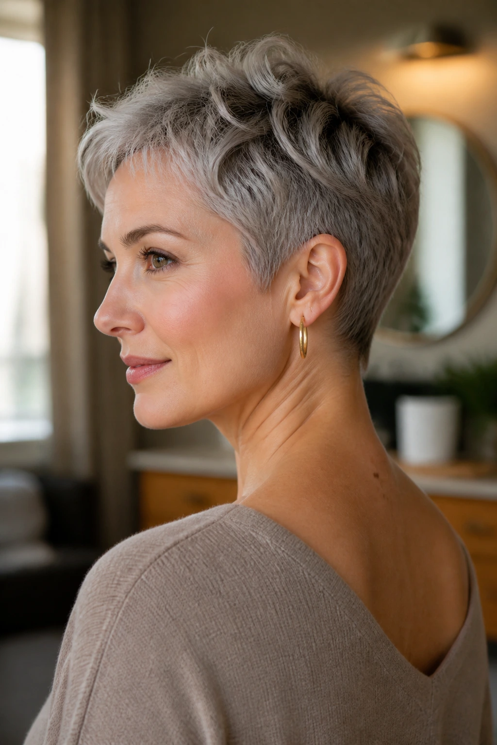 Three-quarter portrait of a real woman with soft close-cropped pixie and nape detail