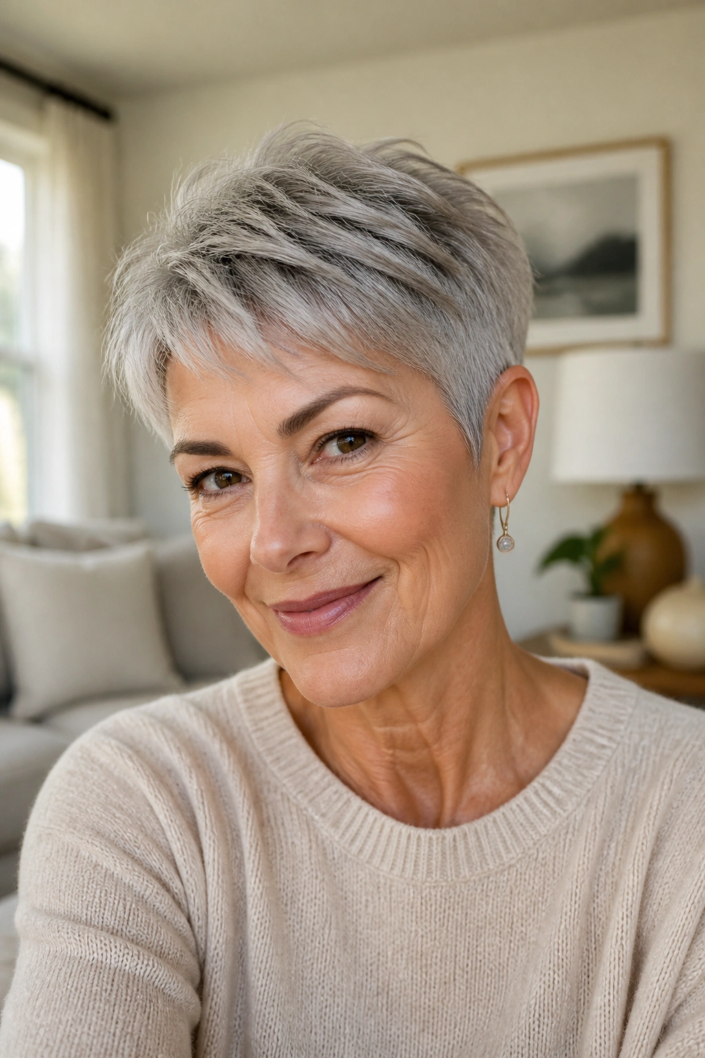 Real woman with soft pixie haircut and tapered sides, close-up portrait.