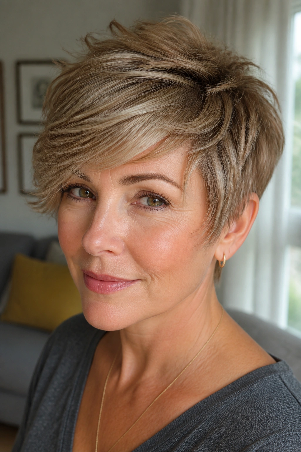 Close-up portrait of a real woman with a soft pixie and sweeping side layers.