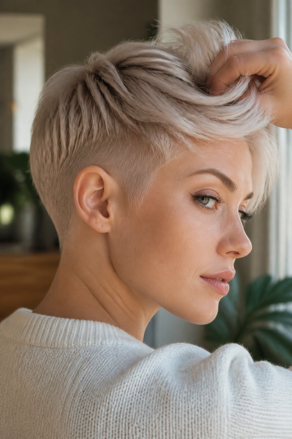 Real person with soft platinum tapered cut in a cozy setting