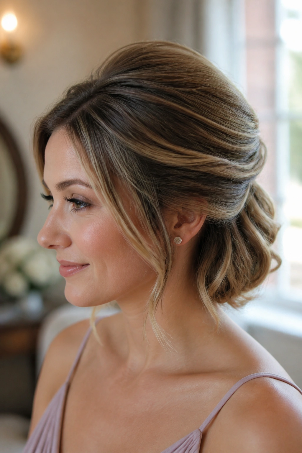 Close-up of a real woman with a soft pouf updo and waved ends in a bridal setting