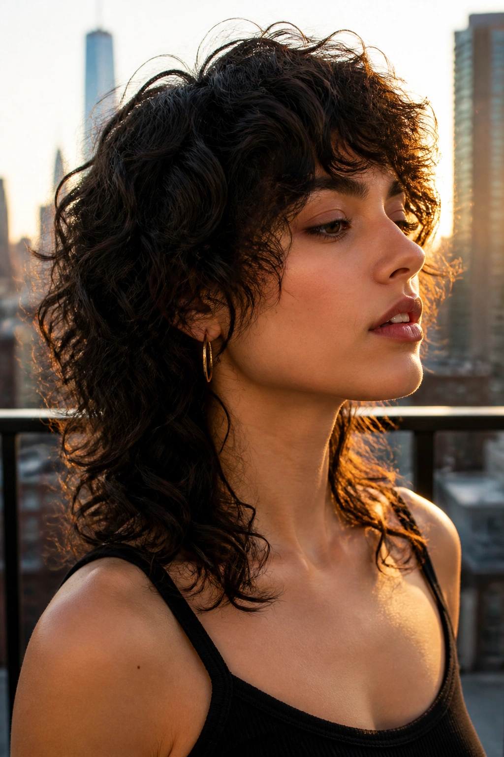 Close-up profile of a real woman with a soft razor-edge wolf cut showing feathered ends.