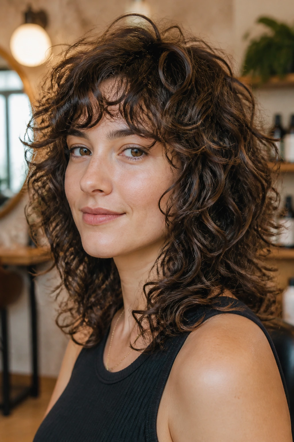 Close-up of a real woman with a soft razorless wolf cut for sensitive curls in a sunlit salon.