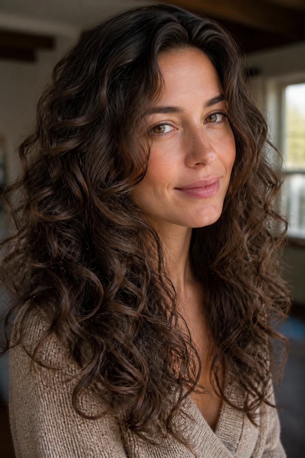 Real woman with loose ringlets and long layers in soft window light
