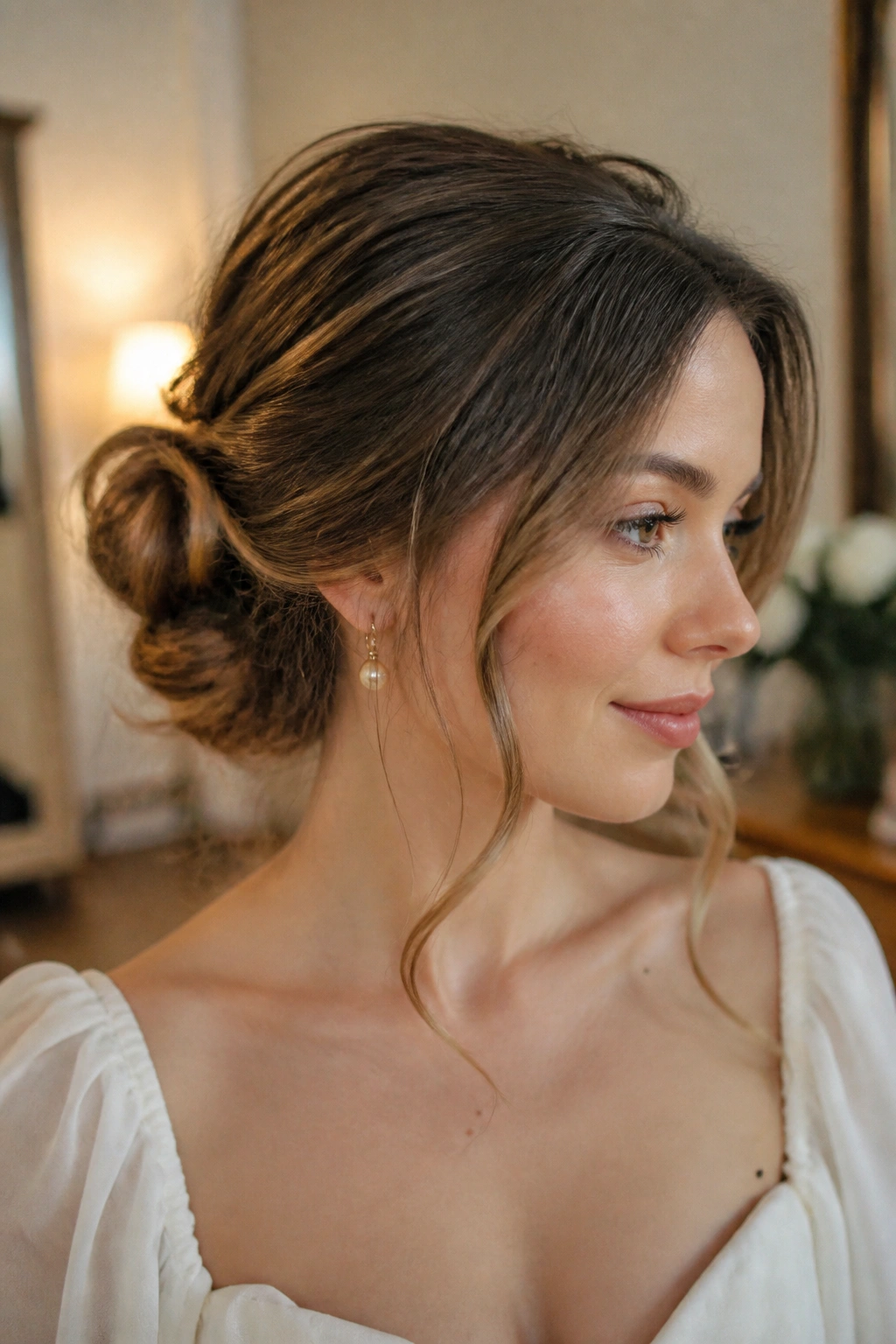 Close-up of a woman with a soft romantic twist bun and loose face-framing strands