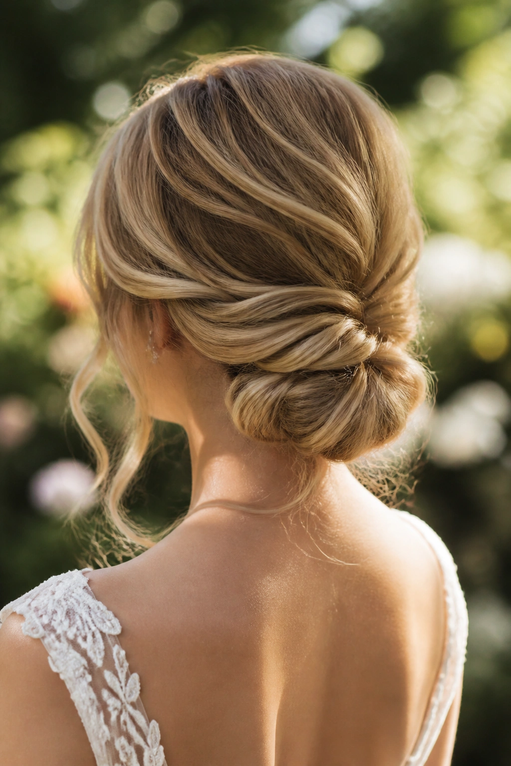 Back view of a soft romantic updo with wisps around the face.