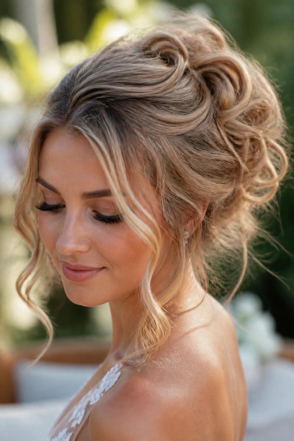 Close-up of a real woman's soft romantic updo with loose face-framing pieces in garden light