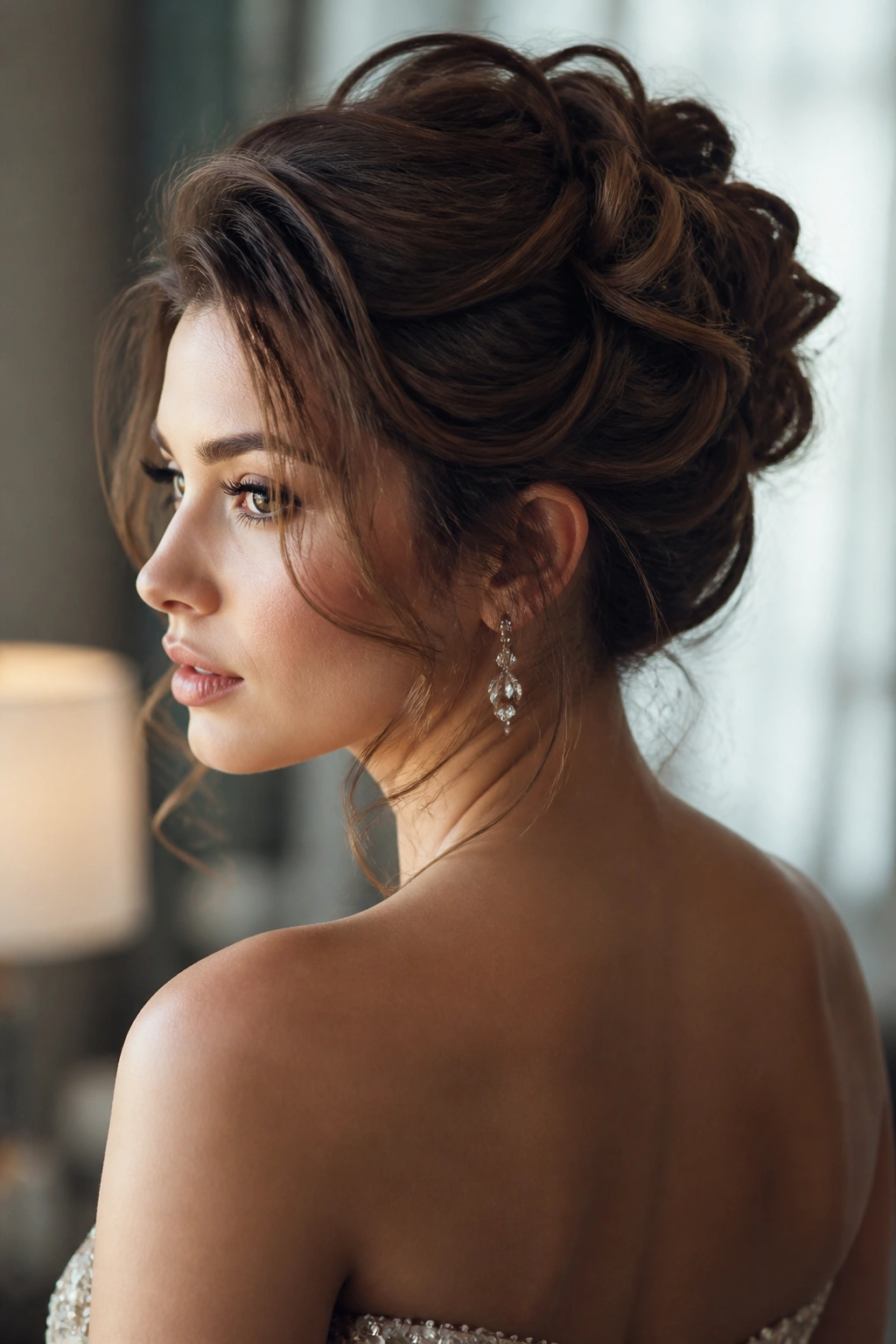 Close-up portrait of a real woman with a soft romantic updo