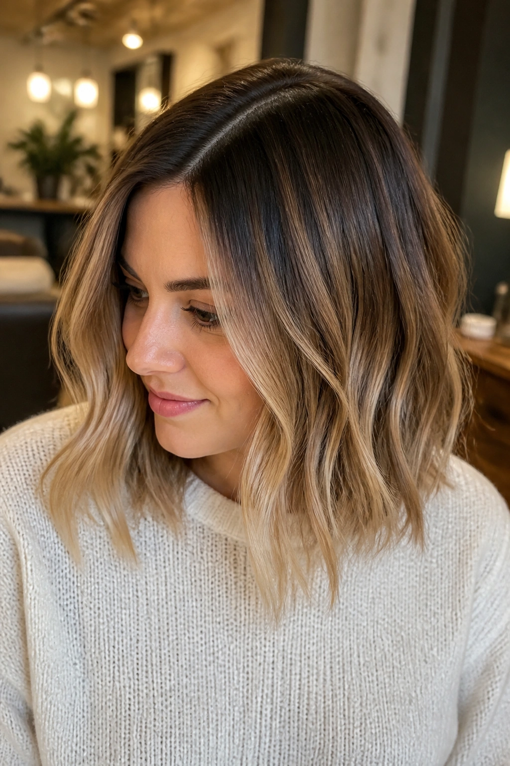 Close-up of soft root melt with lived-in gloss on hair