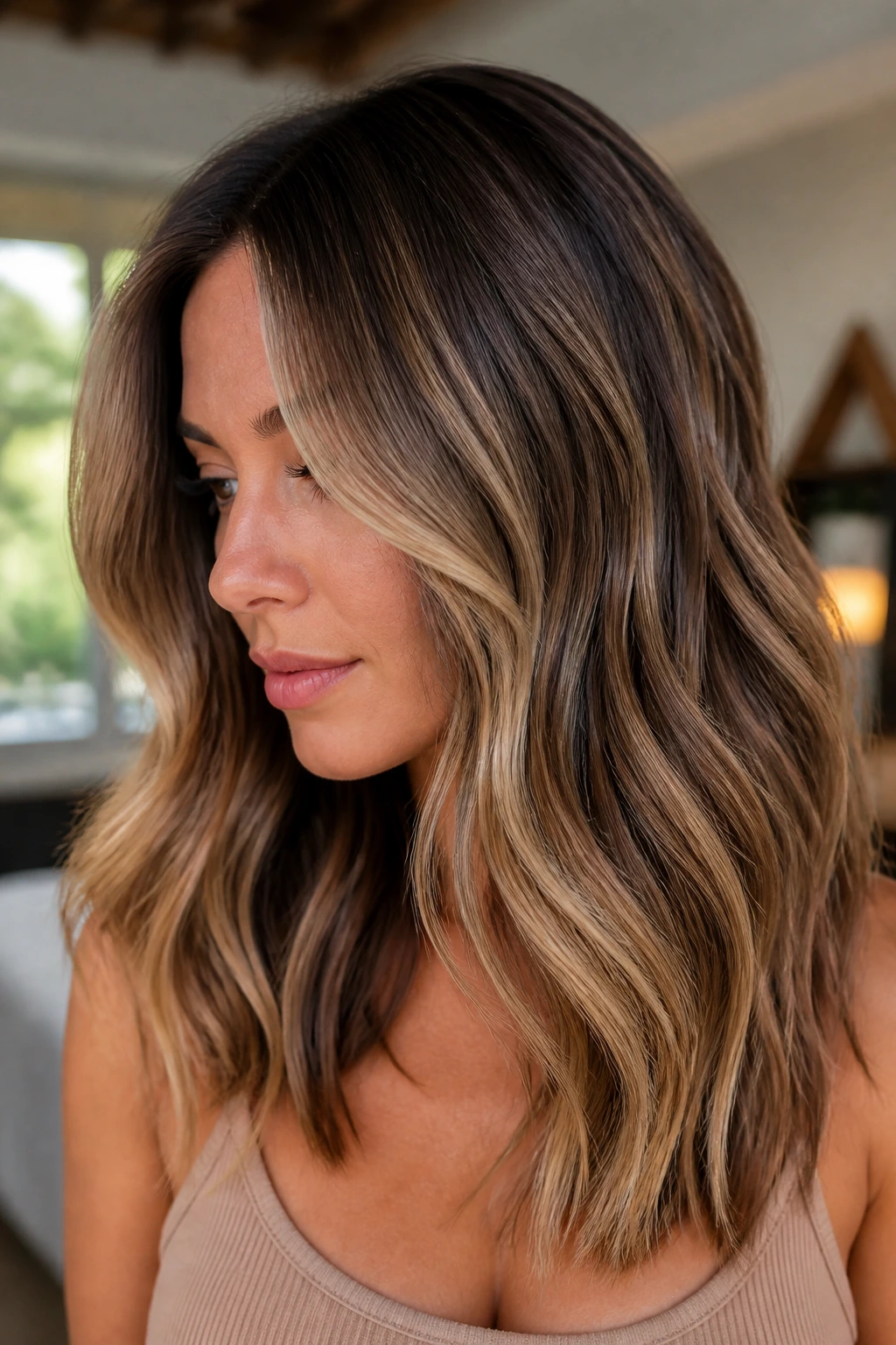 Close-up of a real woman showing soft-rooted chunky balayage with a dark root and caramel ribbons.