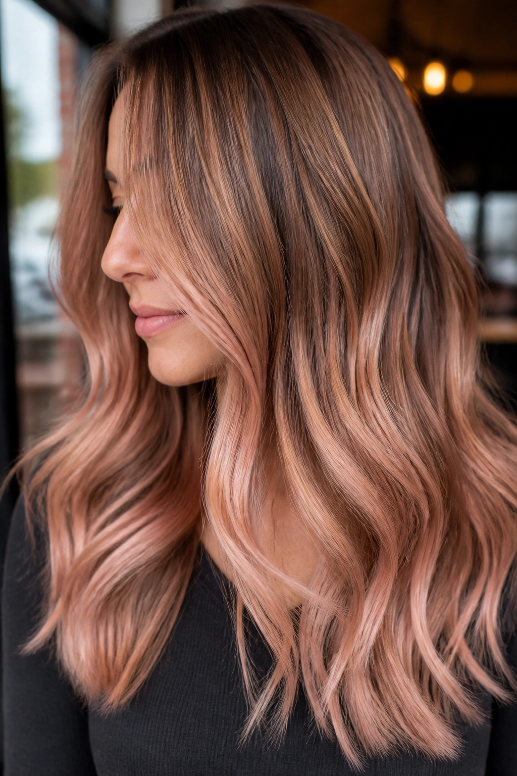 Soft rose gold balayage on light brown hair in natural light