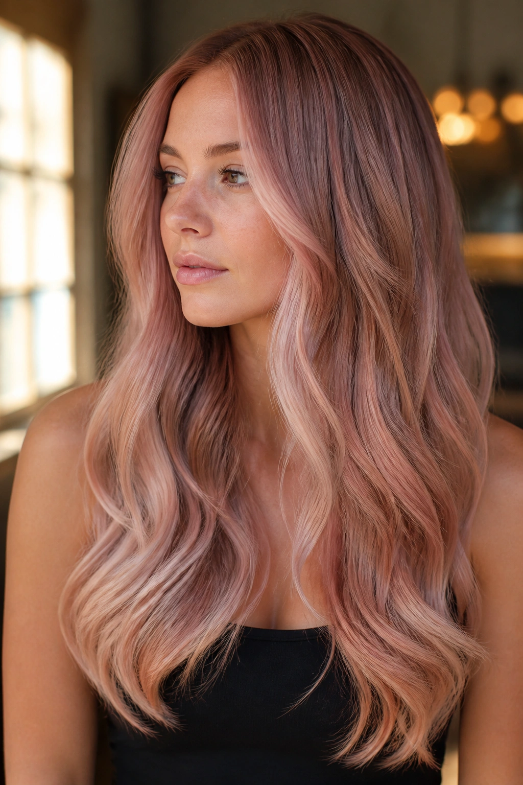 Close-up of a real woman with soft rose gold hair and dimensional ends in warm indoor light