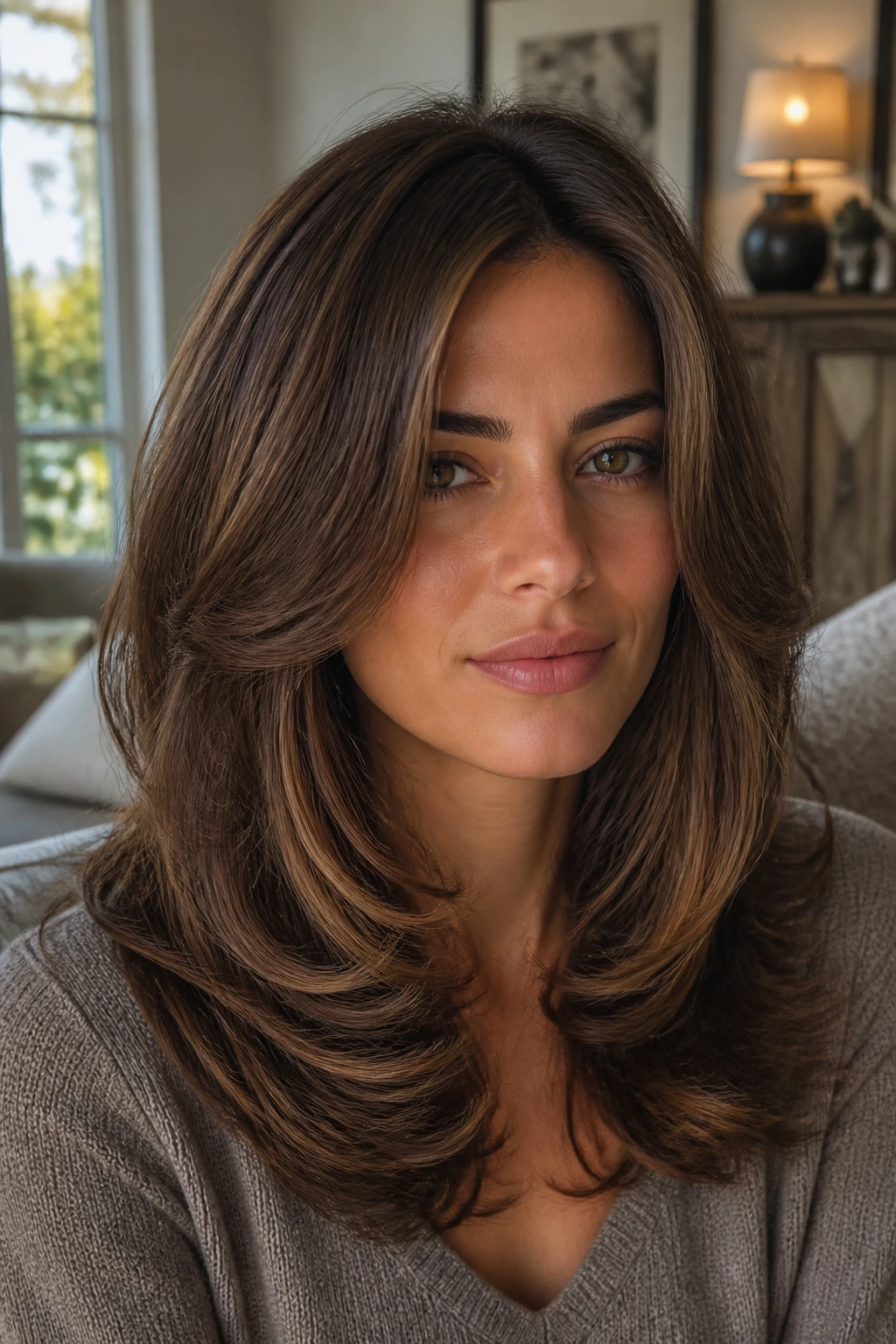 Close-up portrait of a real woman with soft rounded layers in thick hair, set in a warm, window-lit living room.