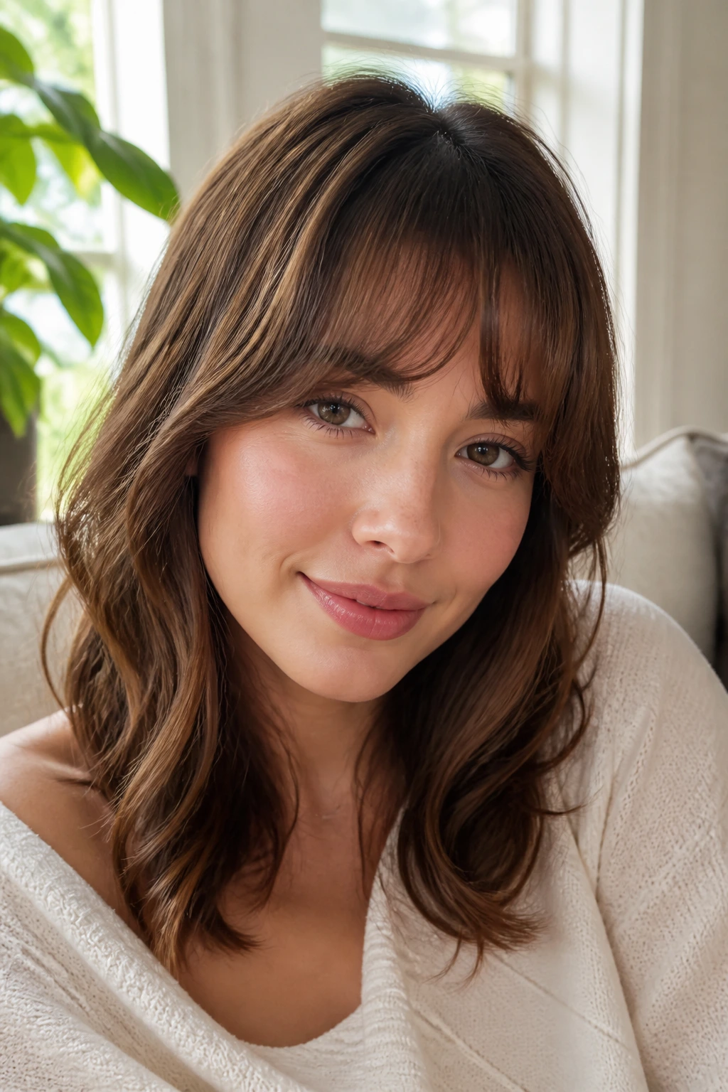 Close-up portrait of a woman with soft rounded bangs.