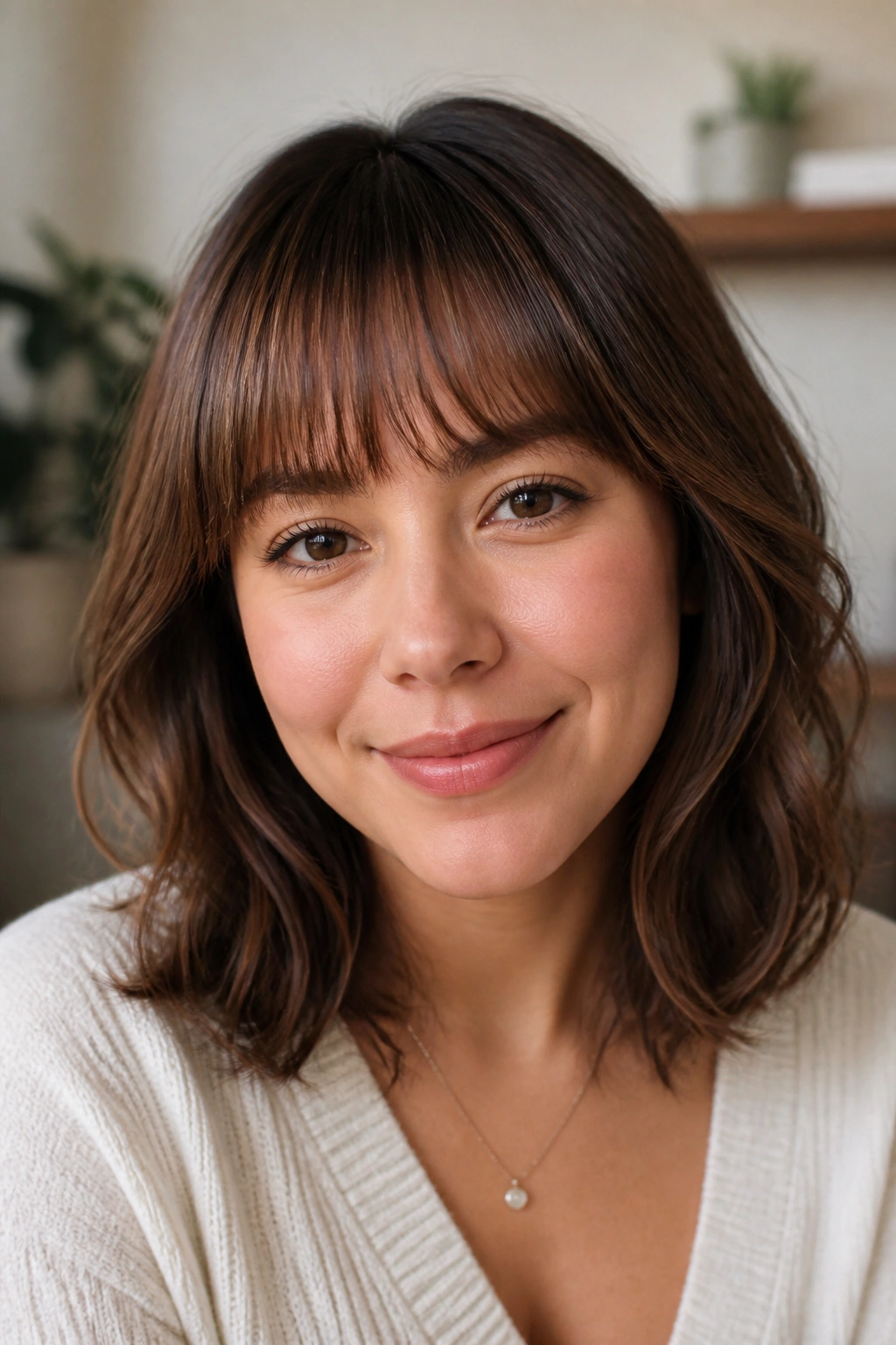 Close-up portrait of soft rounded bangs with tapered ends