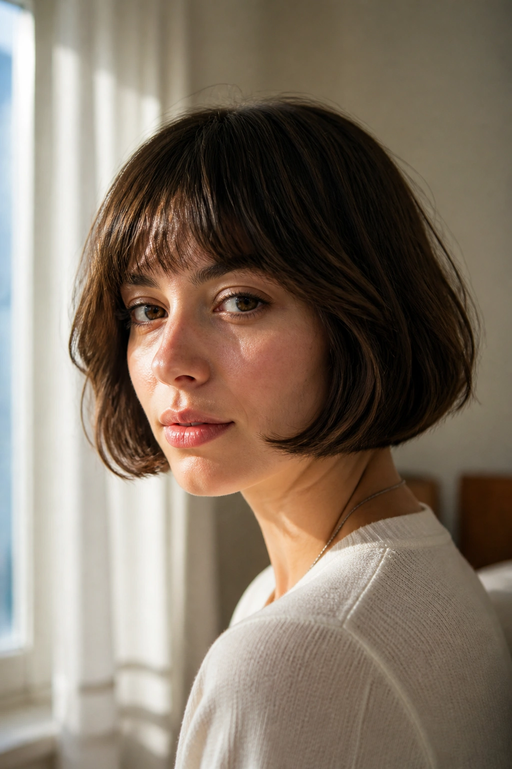 Close-up of a real woman with a soft rounded French bob in warm daylight