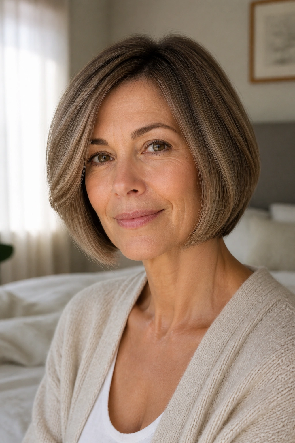 Close-up portrait of a real woman with a soft rounded bob that frames the jawline, photographed in warm natural window light