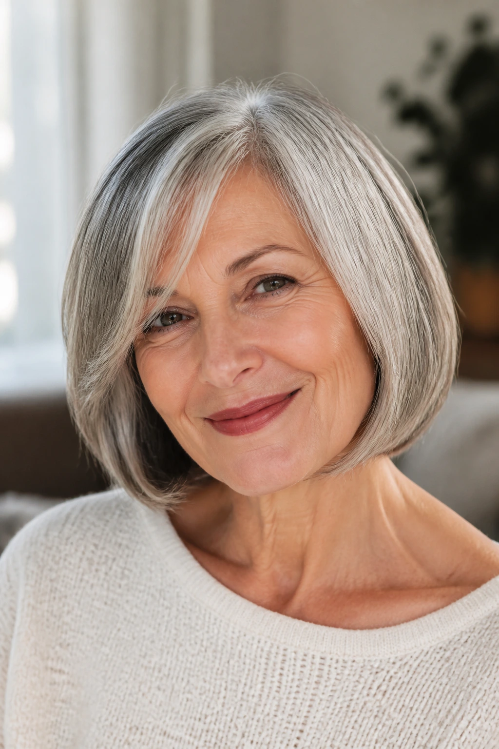 Close-up portrait of a real woman with a soft rounded bob and gray hair highlights in natural light