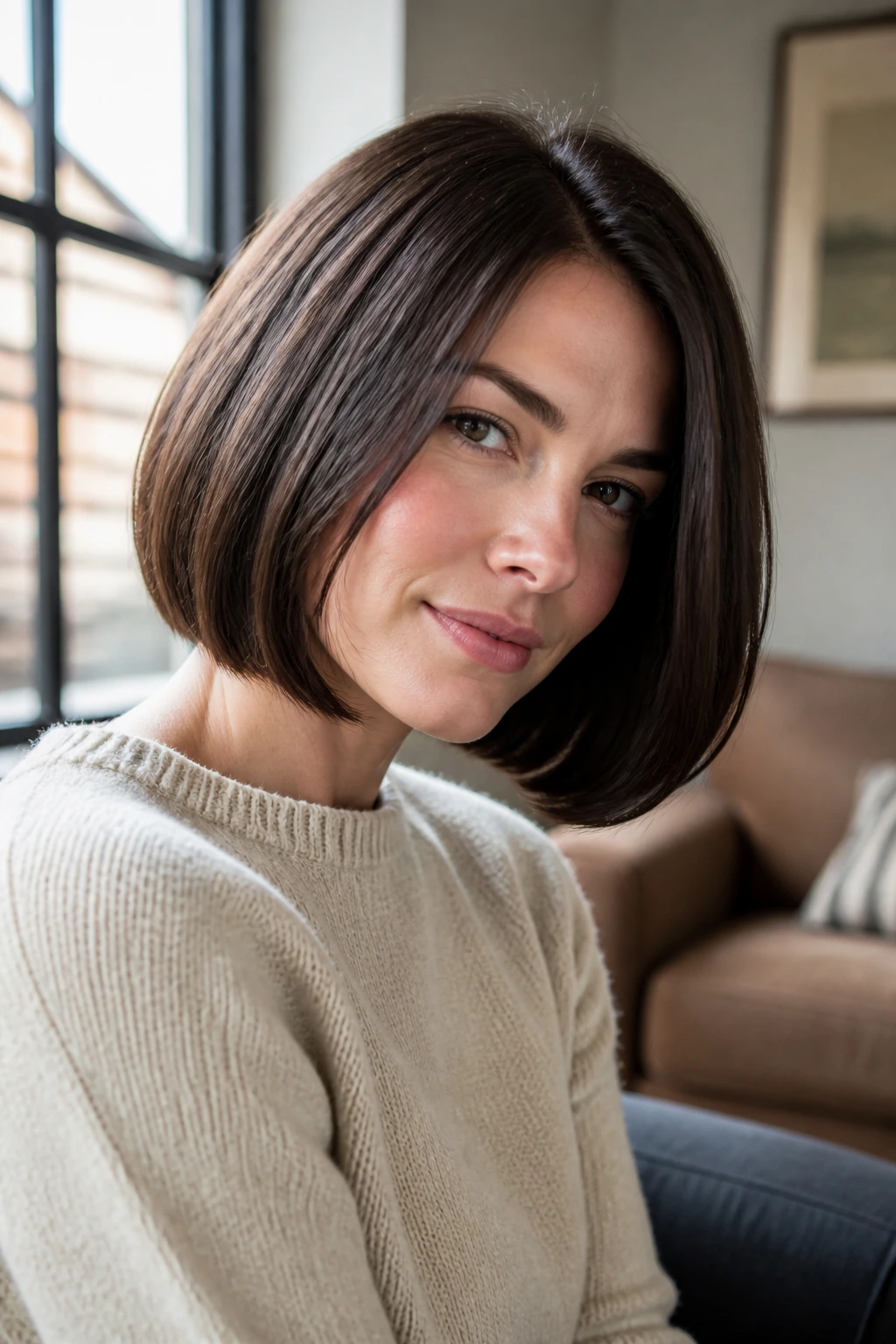 Three-quarter portrait of a real woman with a soft-rounded bob showing a gentle curve at the jawline