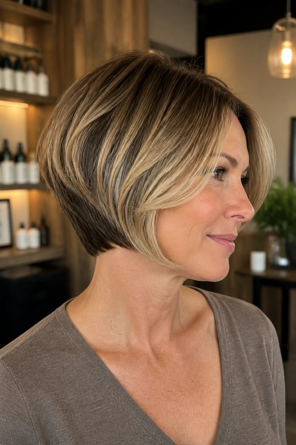 Portrait of real person with soft rounded stacked bob showing curved silhouette