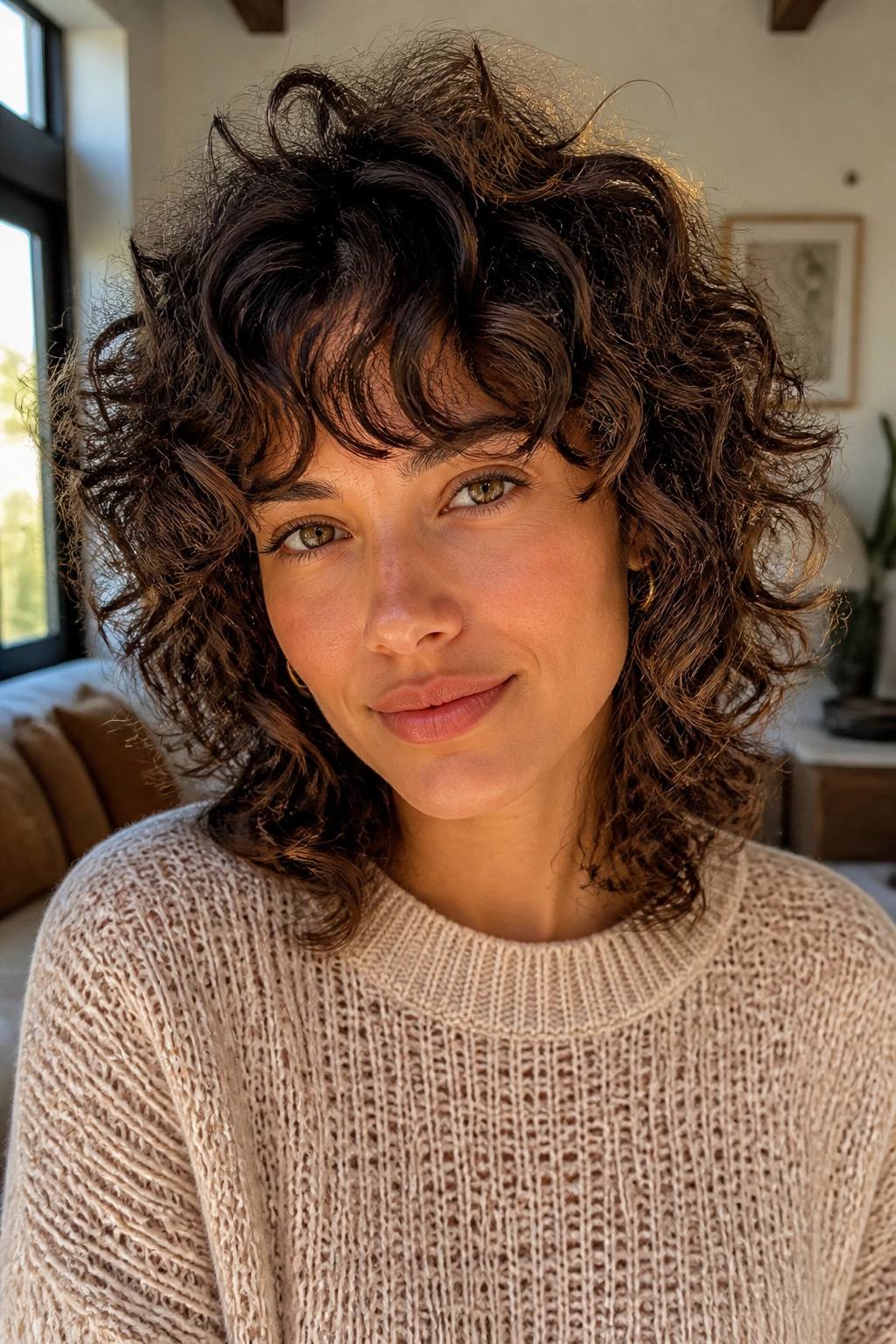 Close-up portrait of a real woman with soft rounded curly shag hairstyle and halo silhouette.