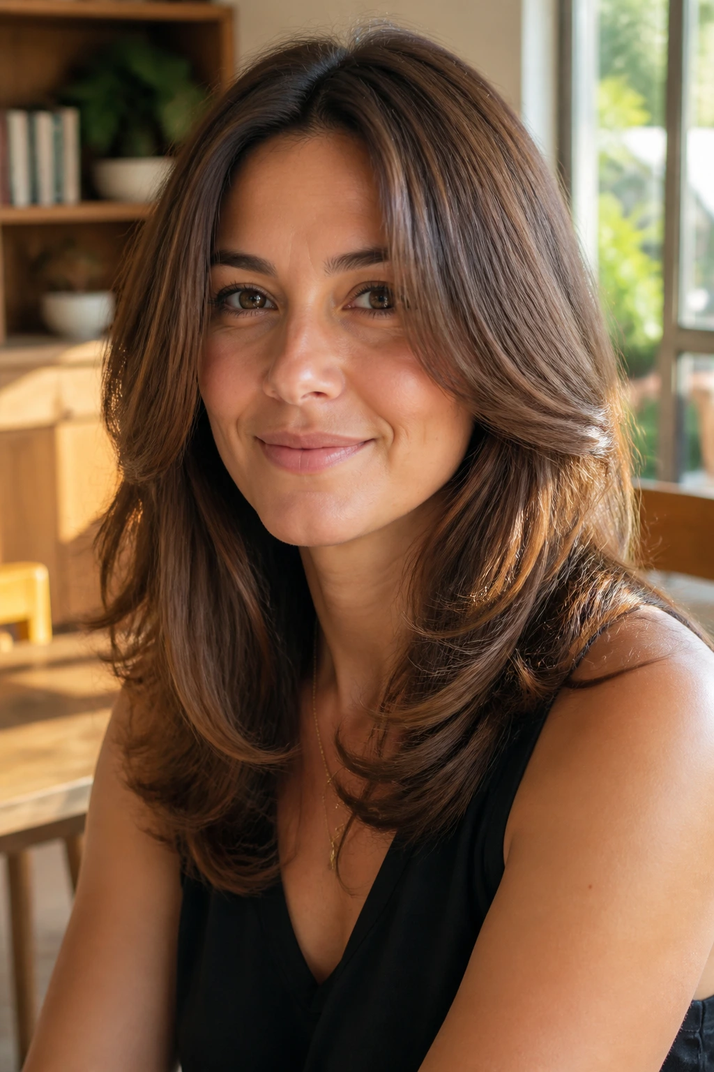 Portrait of a woman with soft rounded layers creating a polished full shape.