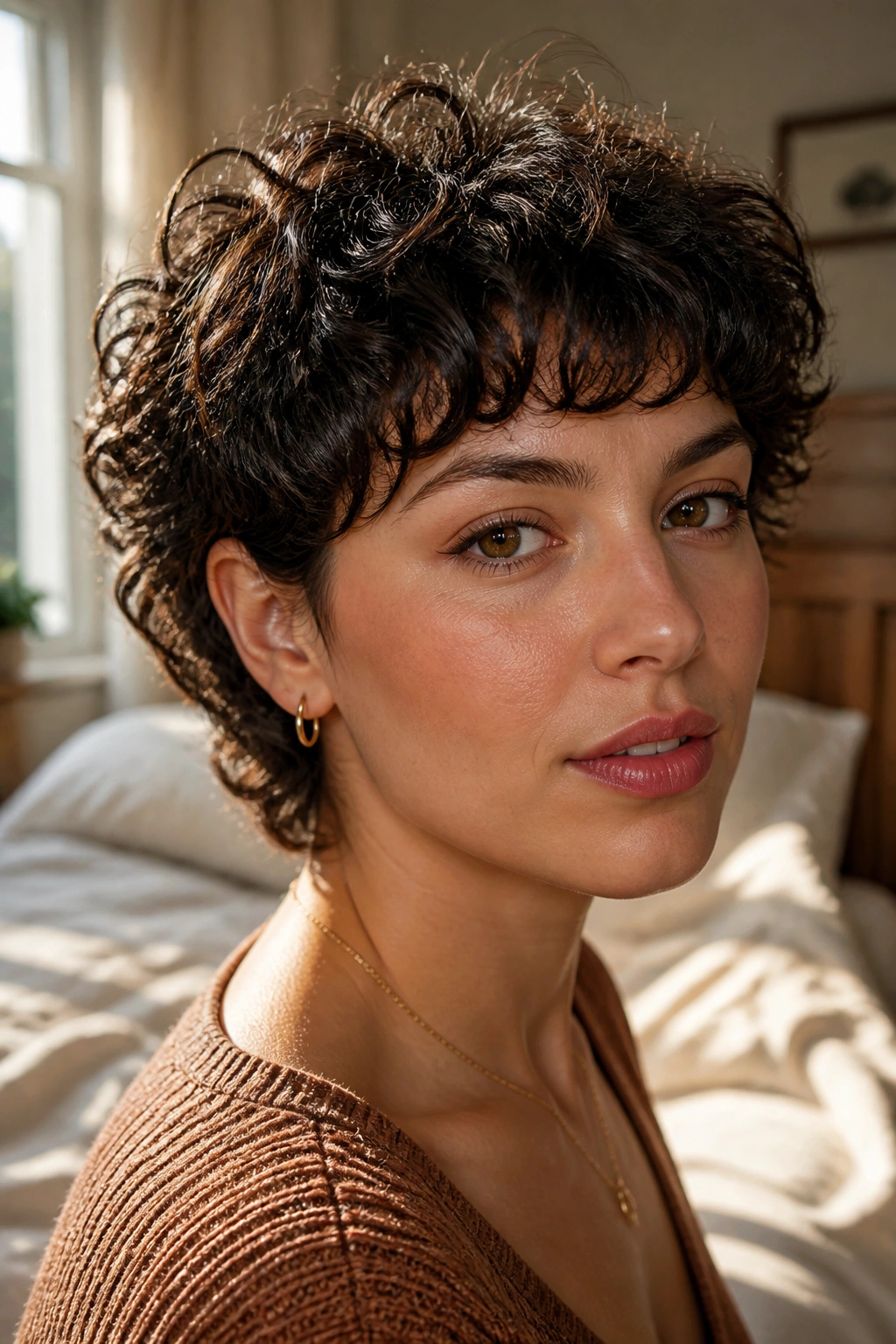 Close-up portrait of a real woman with a soft rounded mixie hairstyle in natural window light.