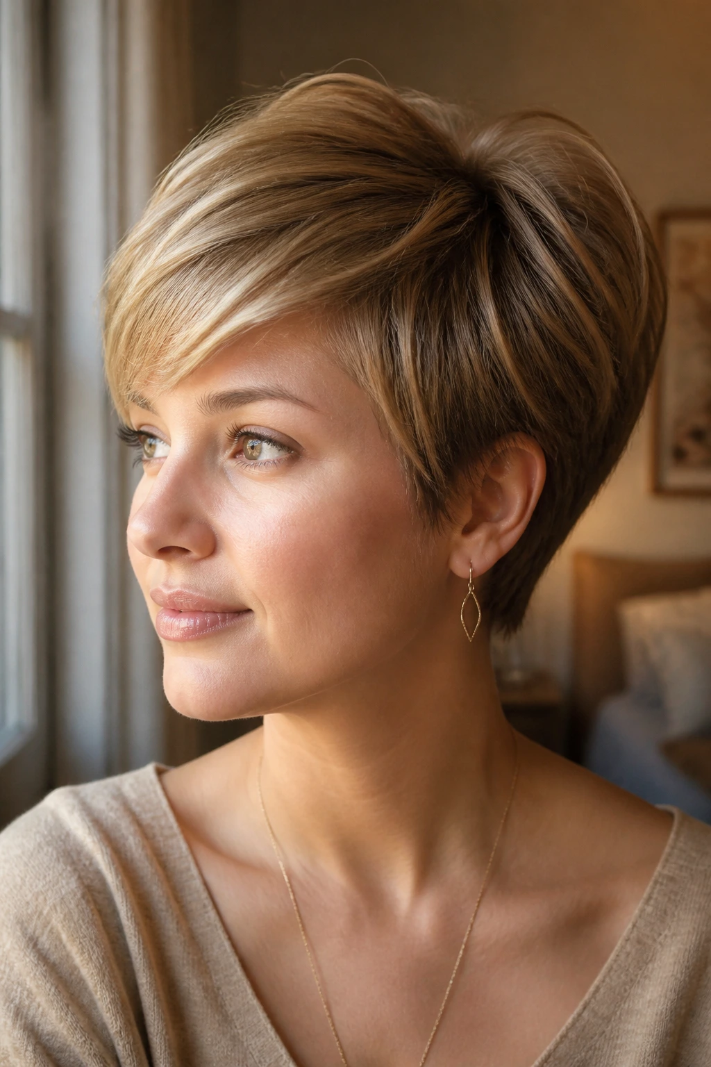 Close-up of a real woman with soft rounded pixie