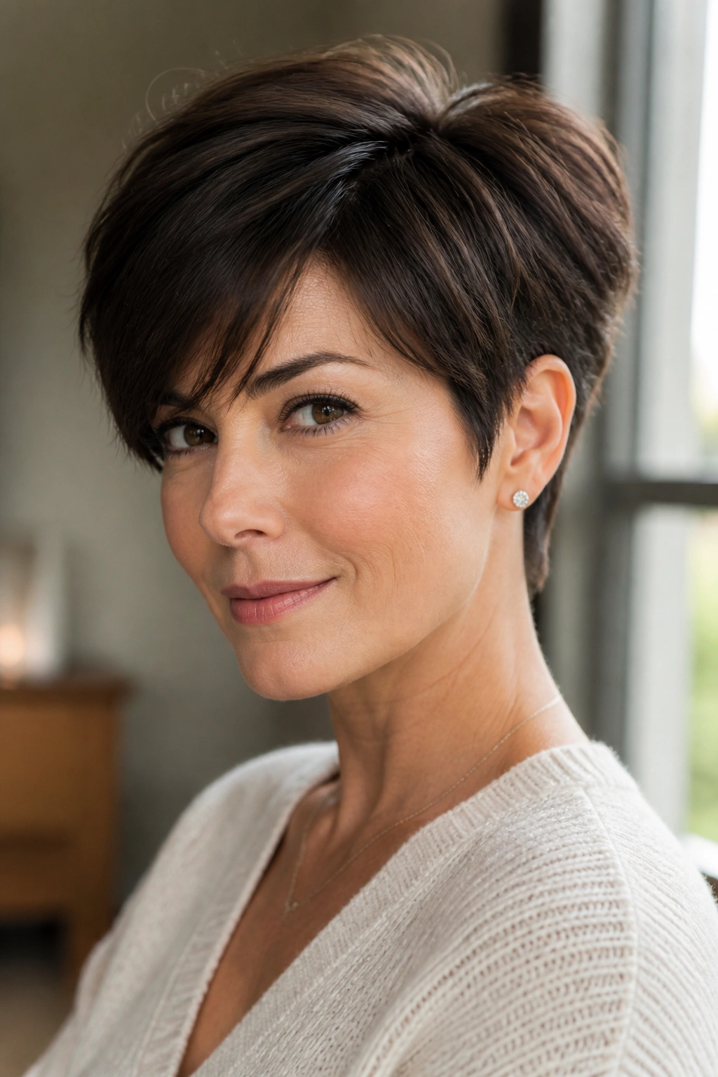 Close-up of a woman with a soft rounded long pixie, in gentle indoor light.