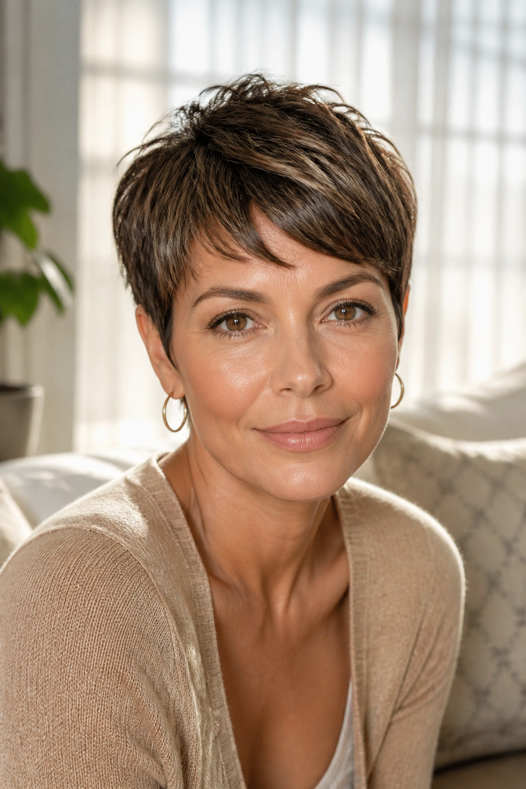 Close-up of a woman with a soft rounded pixie and gentle outline
