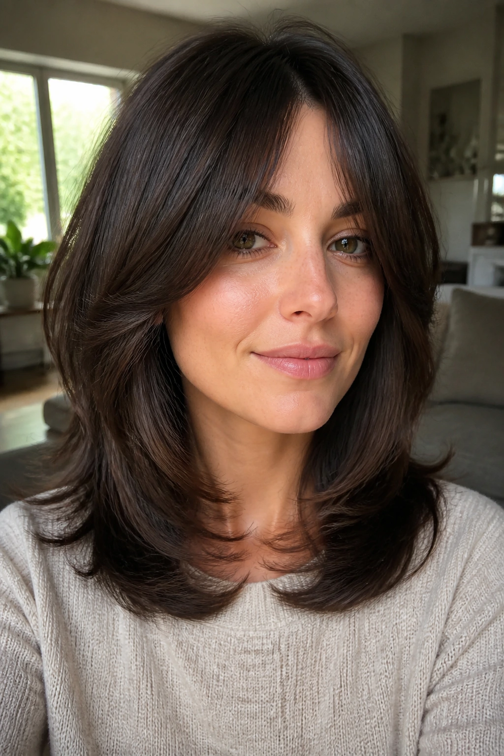 Close-up portrait of a real woman with soft rounded shag for straight thick hair