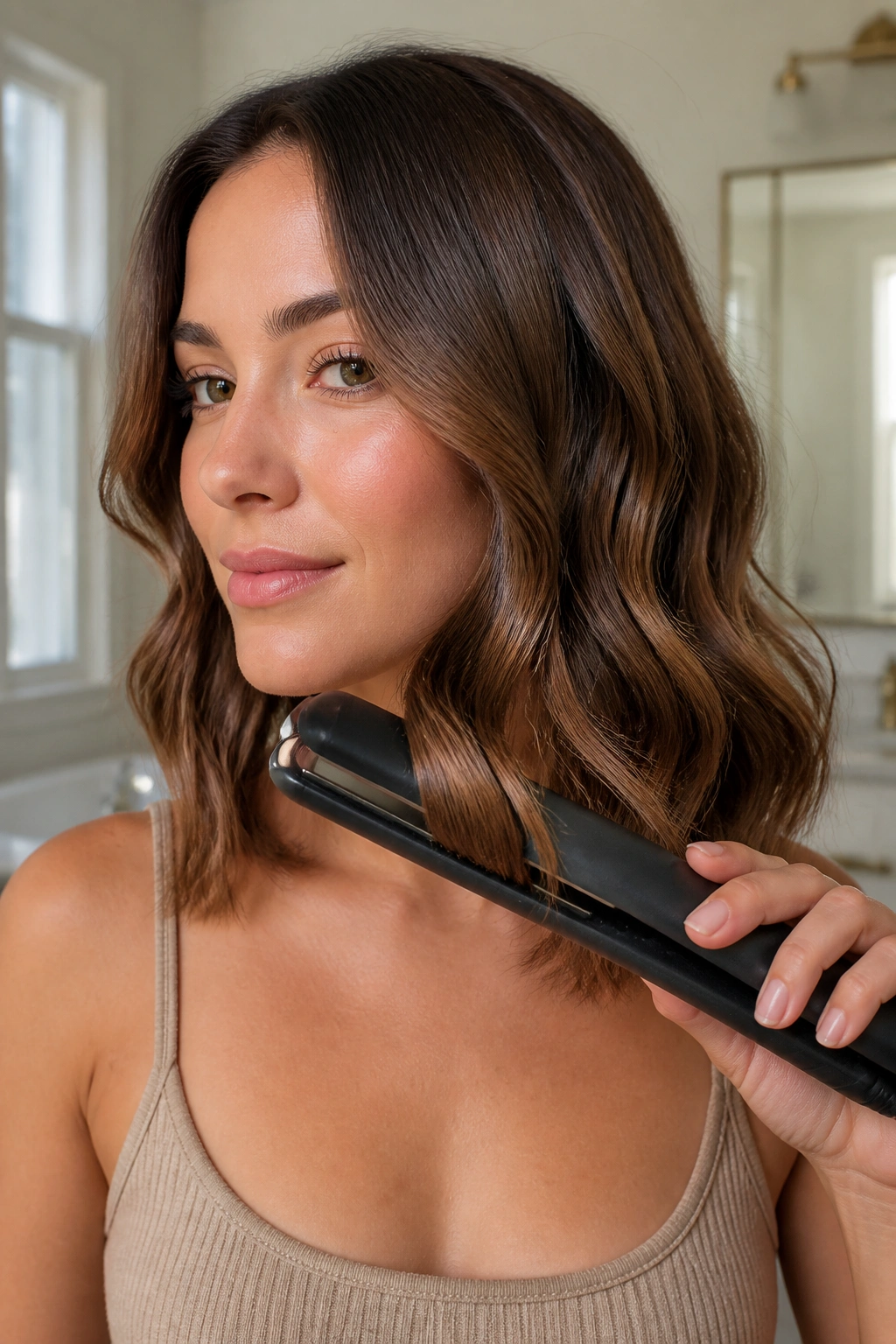 Close-up of a real woman with soft S-bends in a lob under natural light