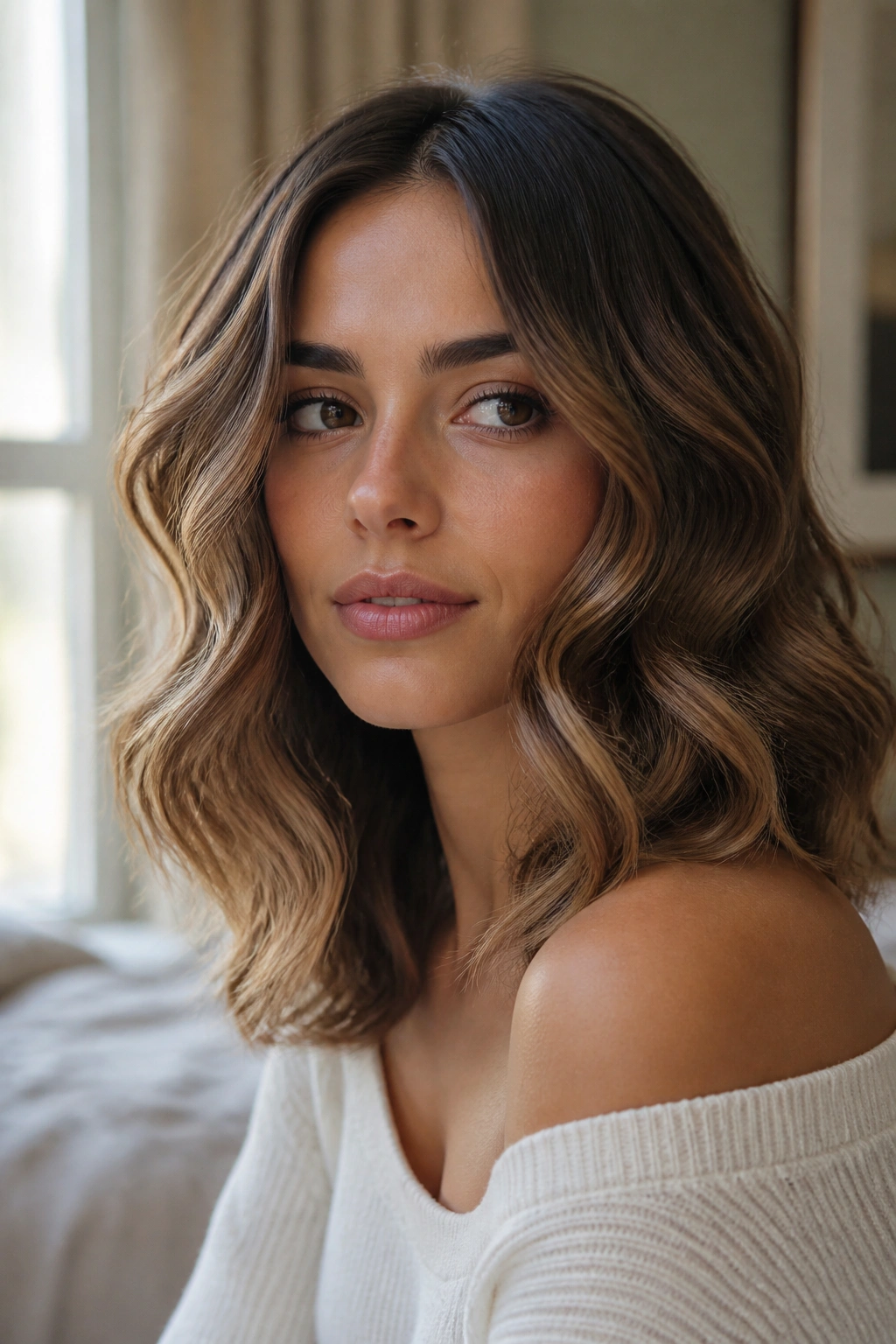 Close-up of a real woman with soft S-pattern waves in shoulder-length hair under natural light