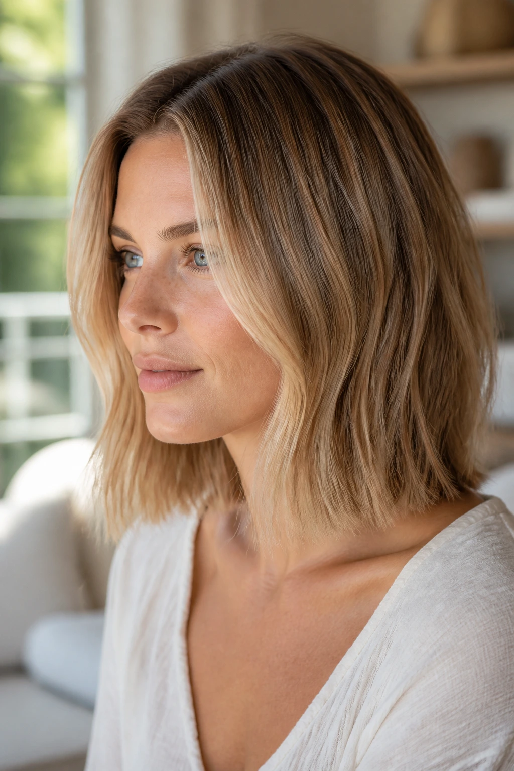 Close-up of a real person with a blunt lob in soft sand blonde balayage.