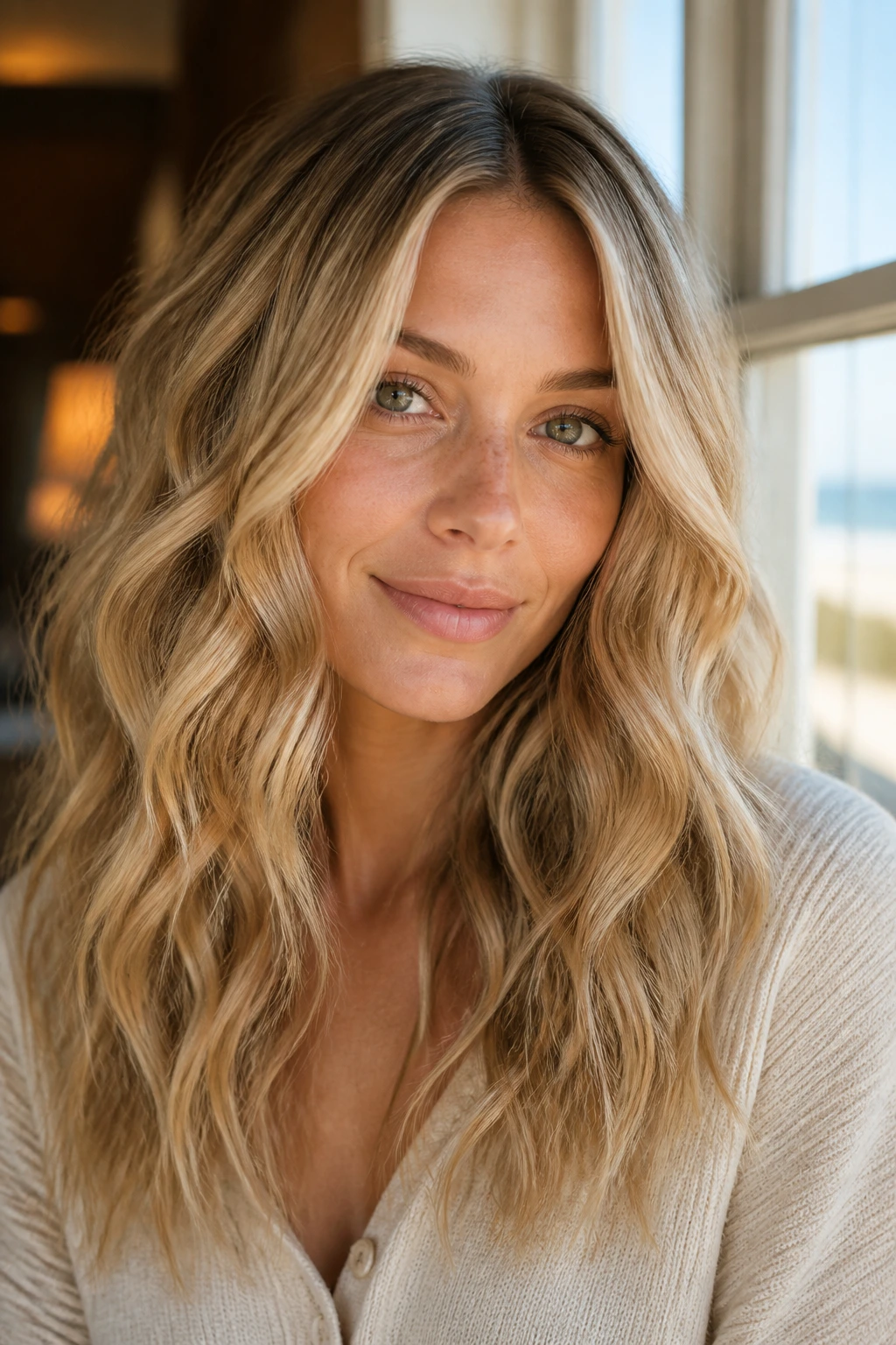 Close-up portrait of a real woman with soft sand blonde wavy hair in warm natural light