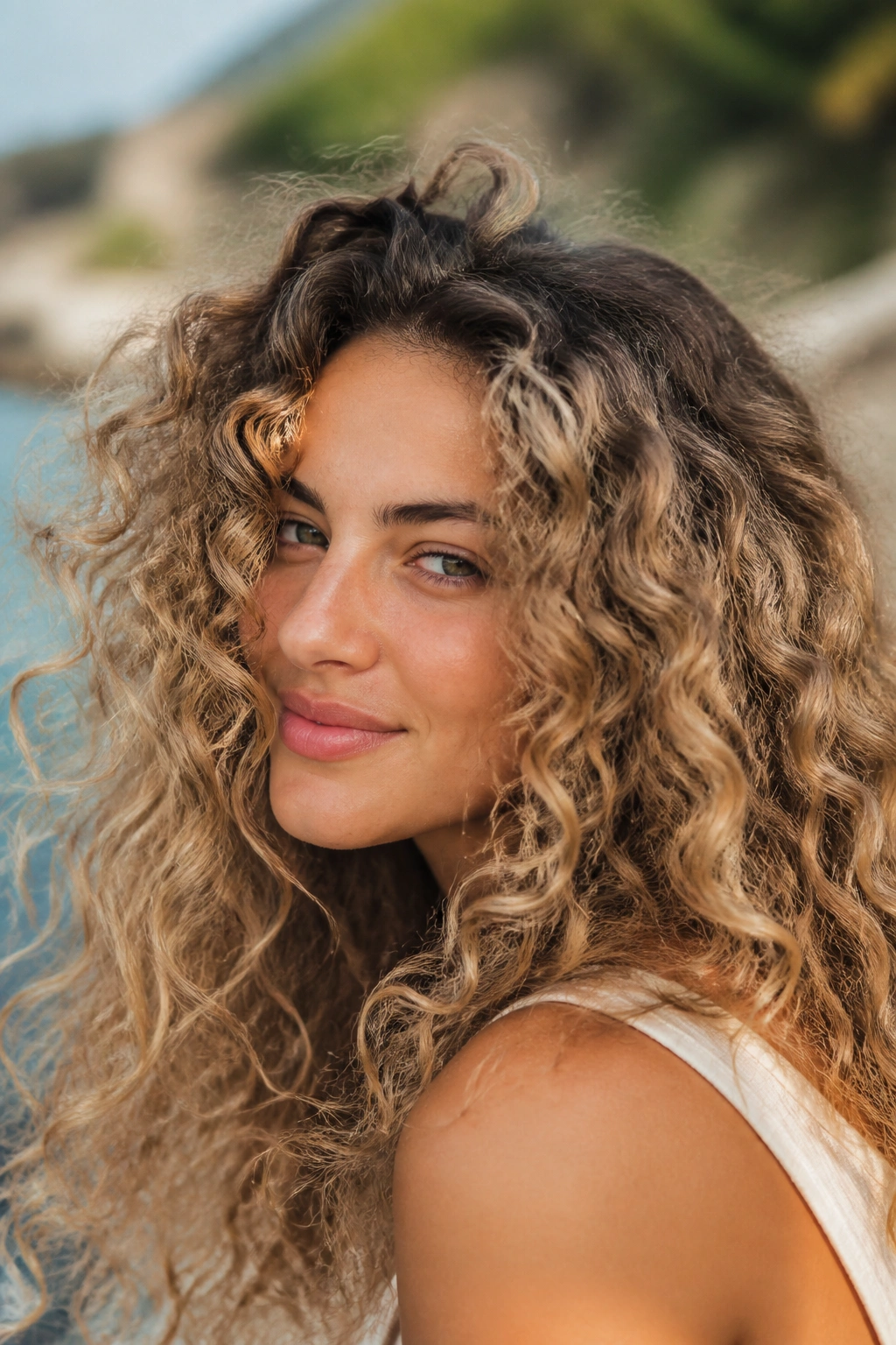 Close-up of curly hair in soft sand bronde shade