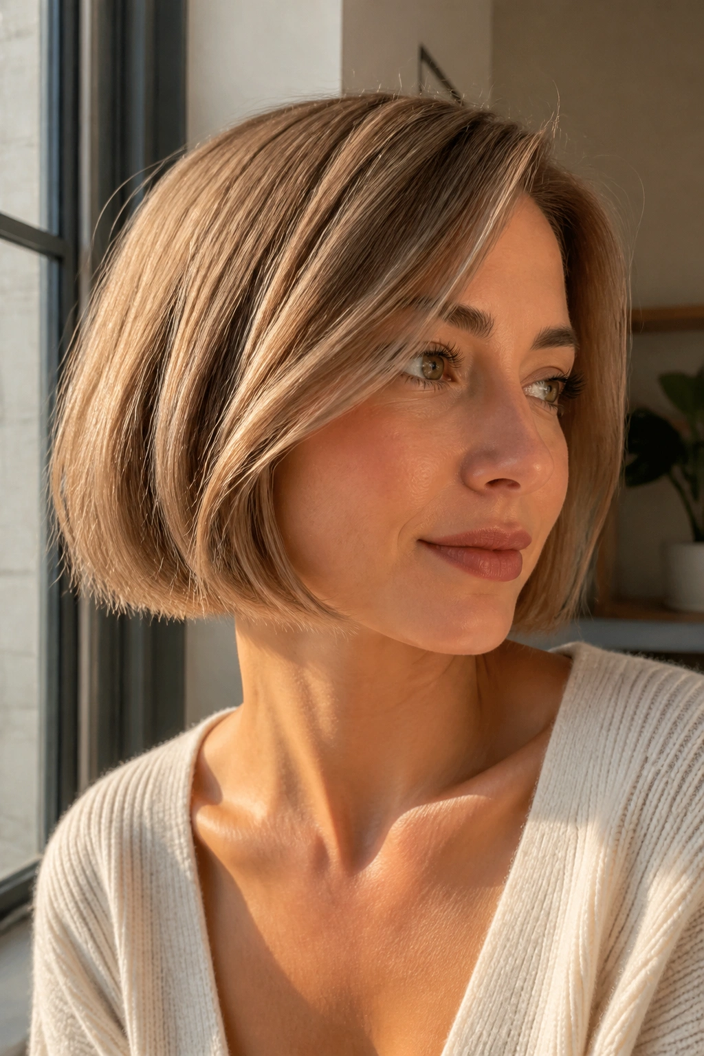 Portrait of a real person with soft sand brown bob near a sunlit window.