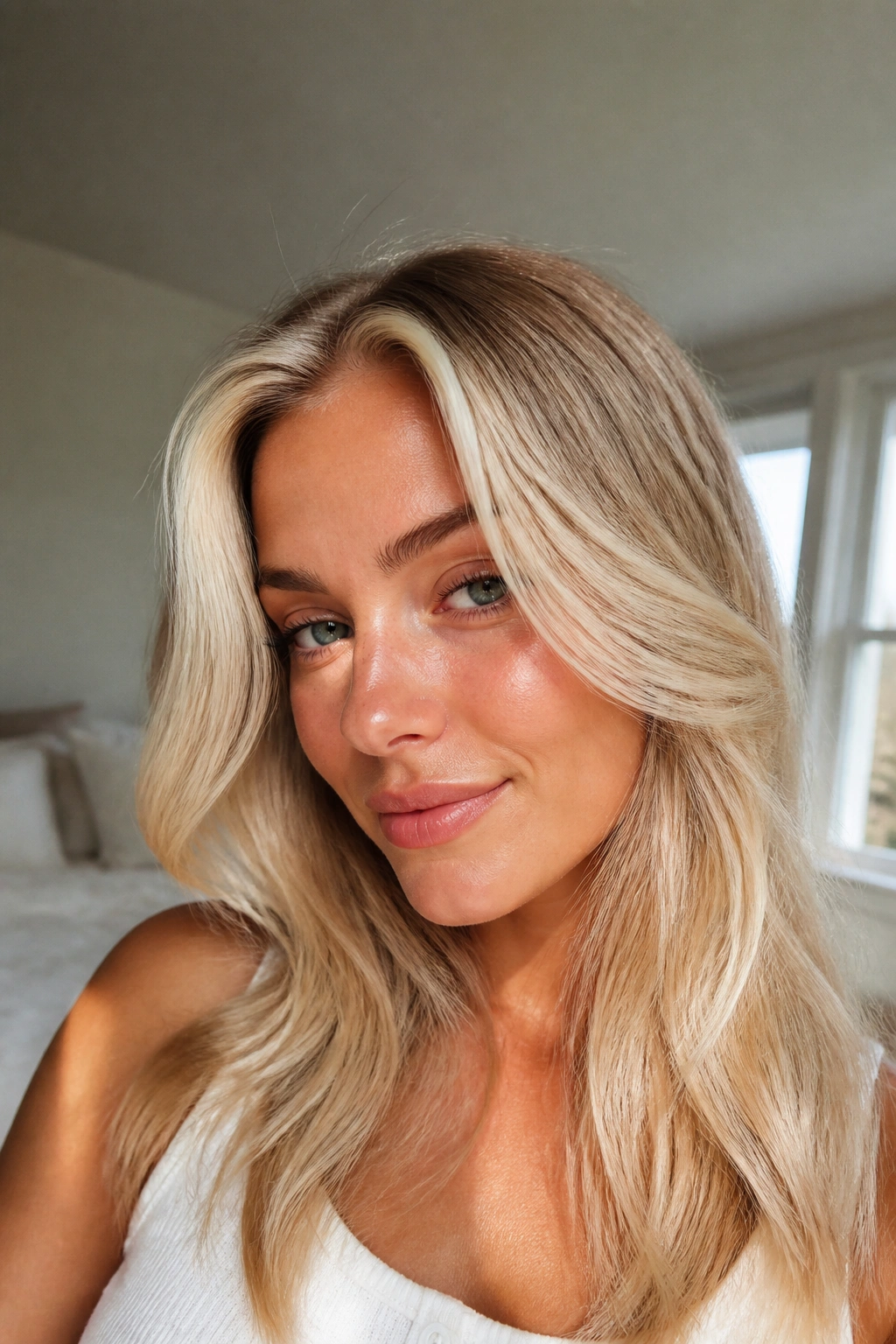 Close-up of face-framing hairline blonde on a real person