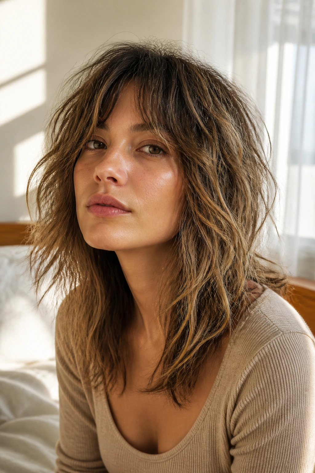 Close-up of a real woman with soft shag and air-dried texture in natural light