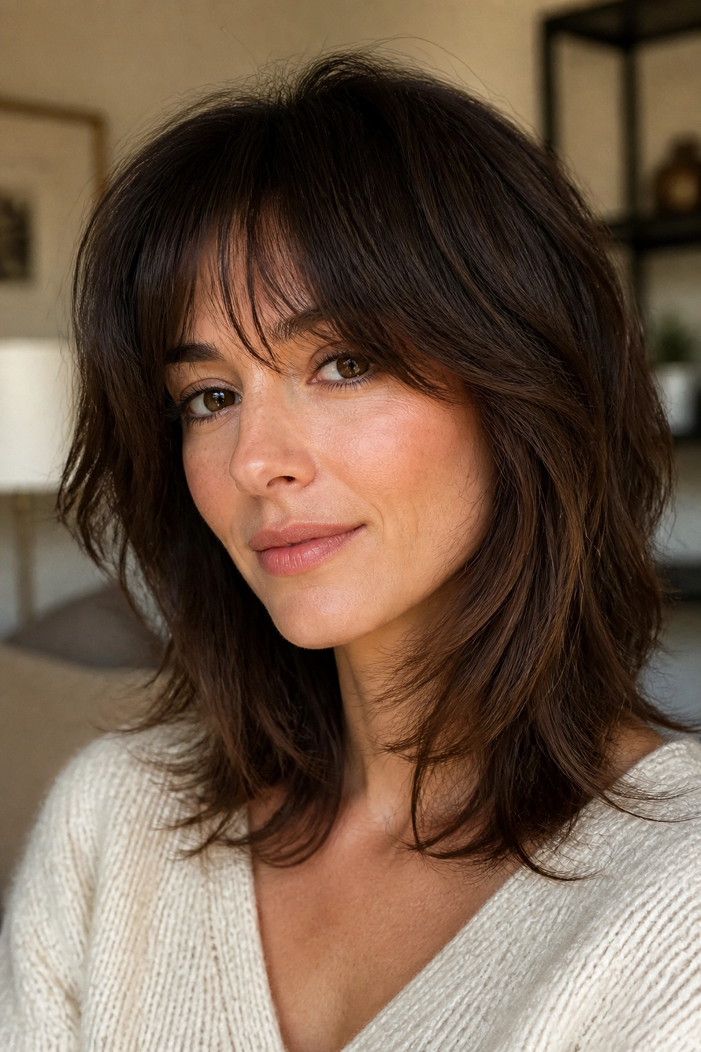 Portrait of a woman with a soft shag hairstyle and airy ends