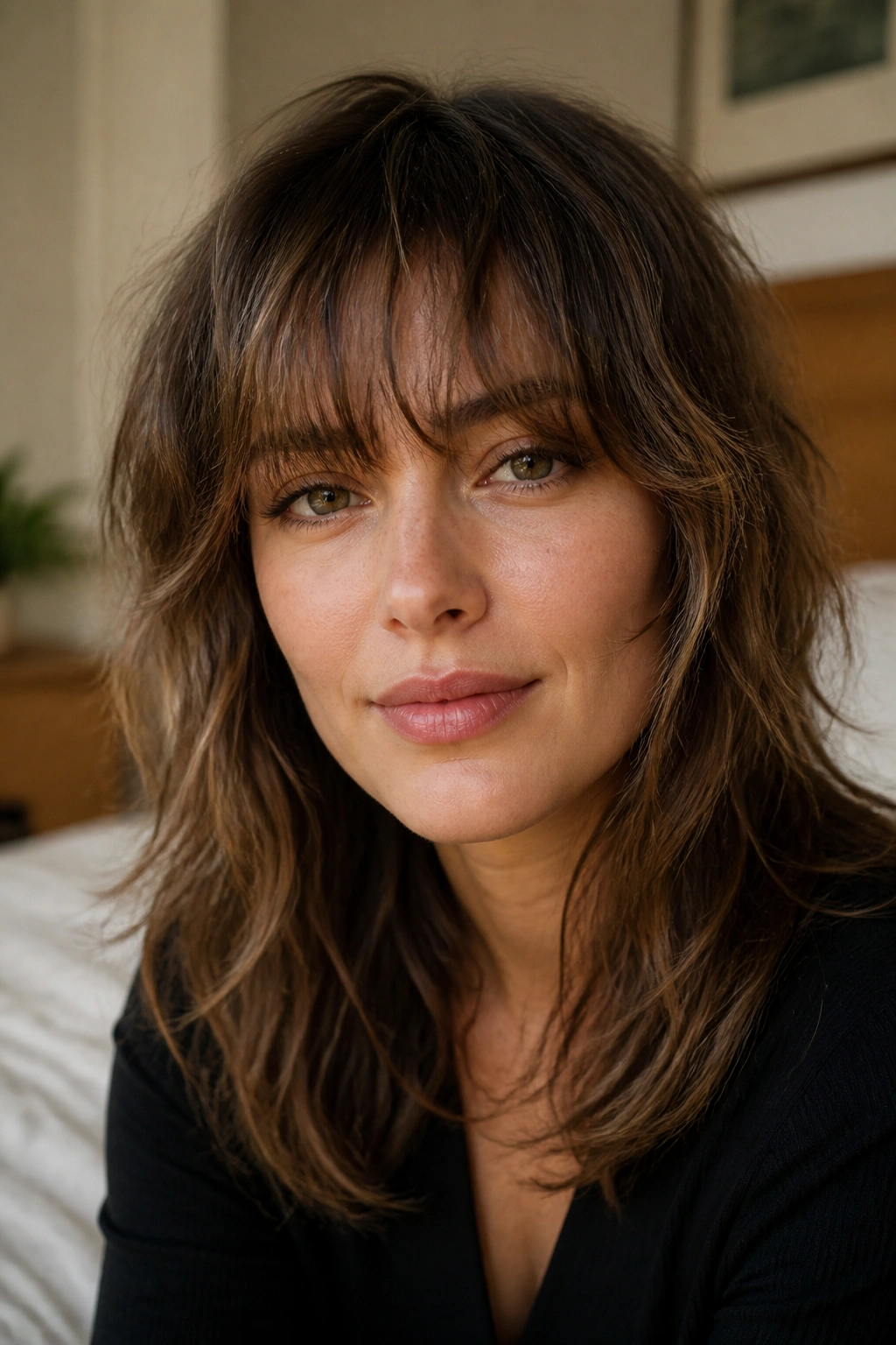 Close-up of a woman with a soft shag and airy fringe in diffused natural light