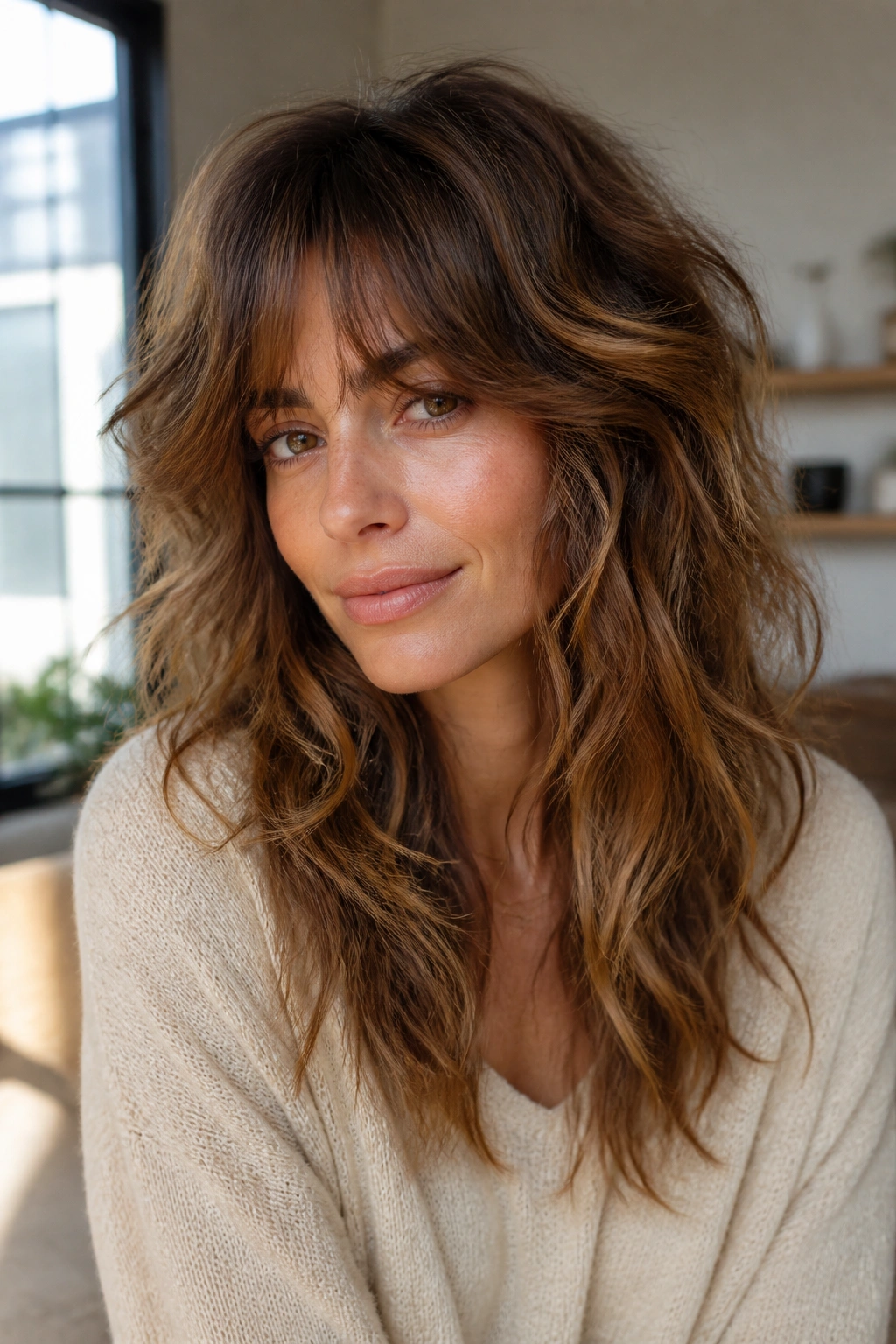 Close-up portrait of a woman with a soft shag featuring airy layers around the crown in a warm living room.