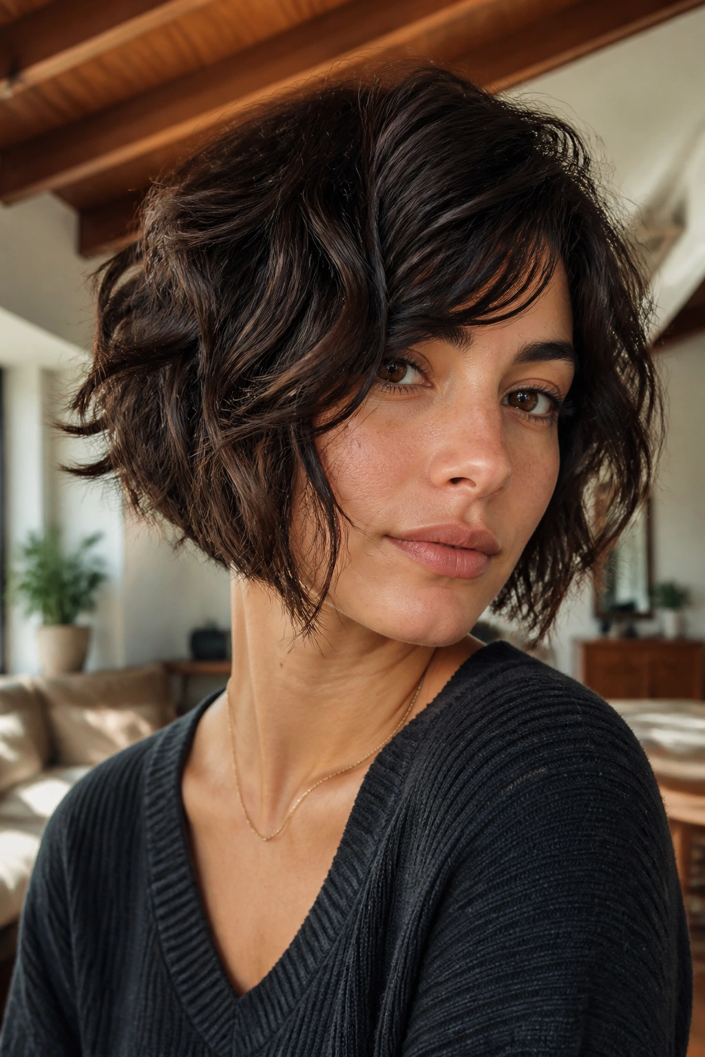 Close-up real woman with soft shag bob and asymmetric outline in sunlit living room