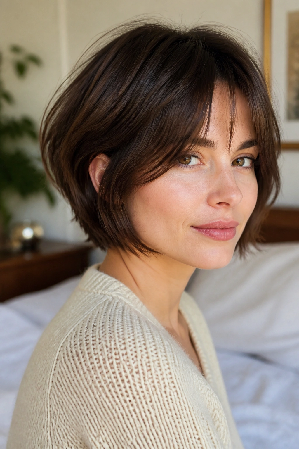 Real person wearing a soft shag bob in a sunlit room