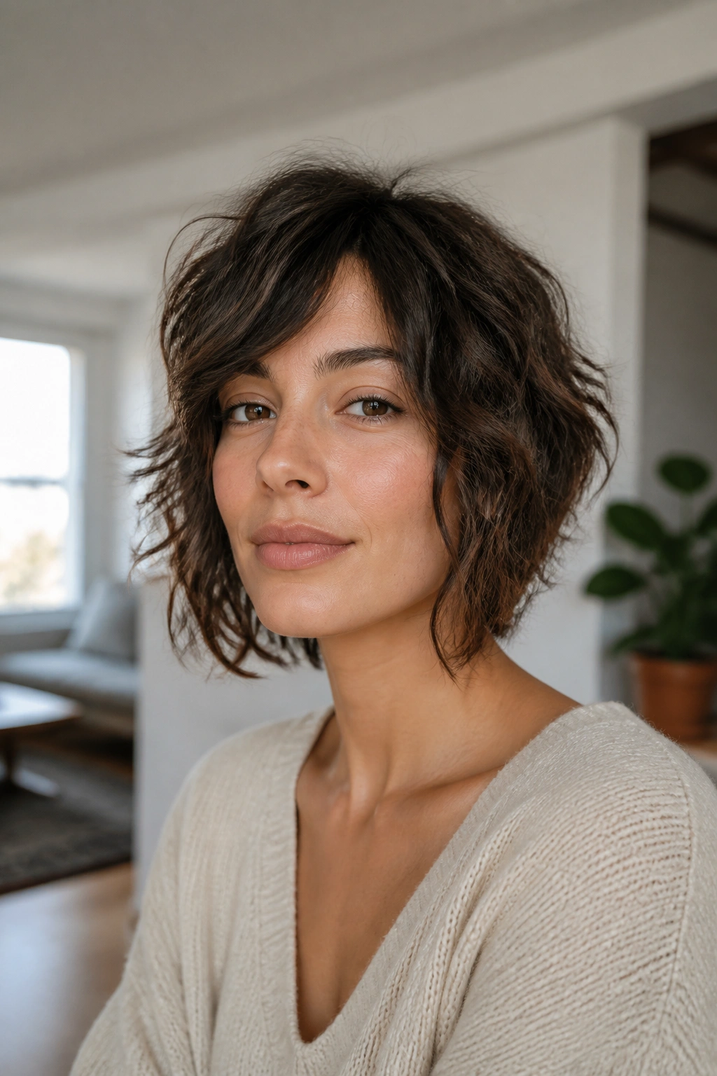Real woman with soft shag bob and uneven layers.