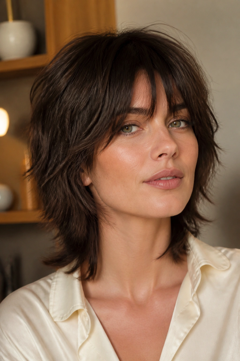 Close-up of a real woman with a soft shag and broken ends